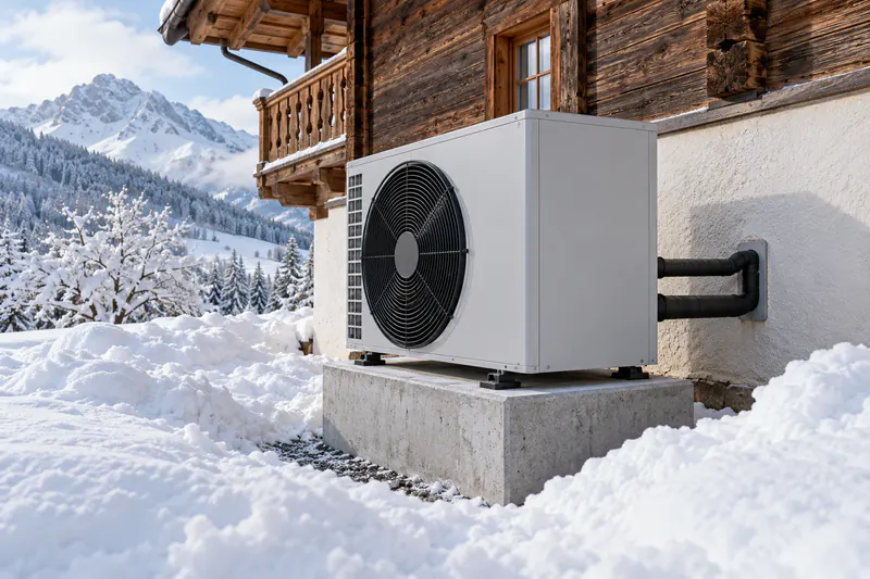 Geförderte Wärmepumpe auf erhöhtem Sockel im Tiroler Winter